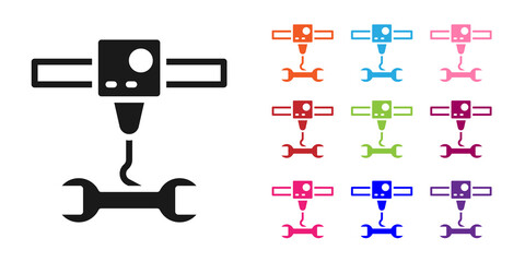 Black 3D printer wrench spanner icon isolated on white background. 3d printing. Set icons colorful. Vector