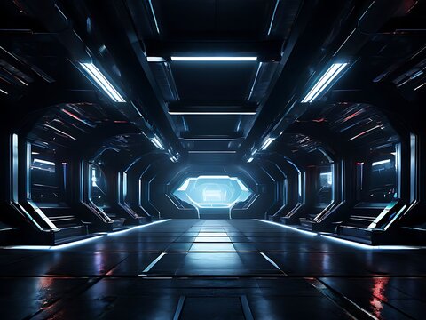 Fototapeta ciFi Futuristic Modern Dark Room Stage Studio Cyber Tunnel Underground Warehouse Garage