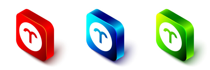 Isometric Aries zodiac sign icon isolated on white background. Astrological horoscope collection. Red, blue and green square button. Vector