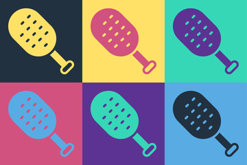 Pop art Sauna brush icon isolated on color background. Wooden brush with coarse bristles for washing in the bath. Anti cellulite massage. Vector