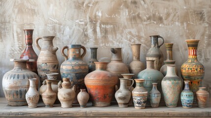 A group of ceramic vessels and amphorae with intricate hand-painted designs