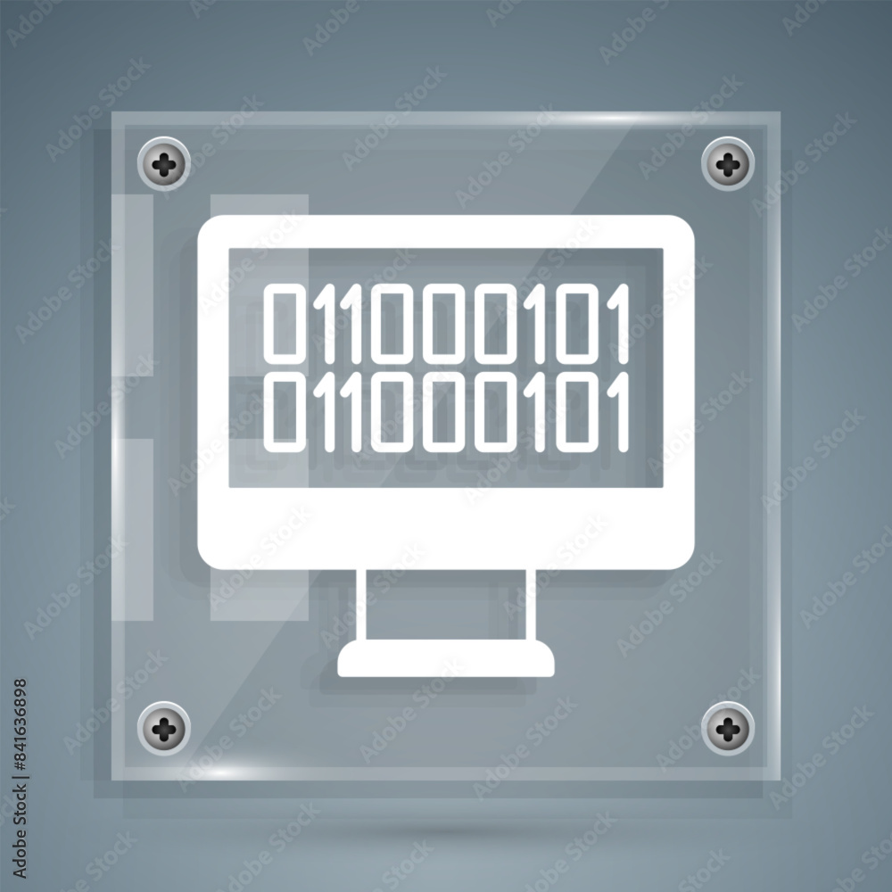 Poster white binary code icon isolated on grey background. square glass panels. vector