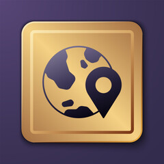Purple Location on the globe icon isolated on purple background. World or Earth sign. Gold square button. Vector