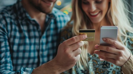 Fototapeta premium In todays digital age, a happy couple enjoying the convenience of online shopping, using credit cards and smartphones for secure transactions, reflects modern consumerism and lifestyle