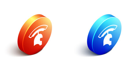 Obraz premium Isometric Roman army helmet icon isolated on white background. Orange and blue circle button. Vector