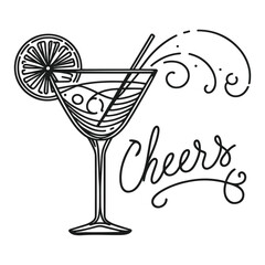 martini glass cocktail, cheers line sketch