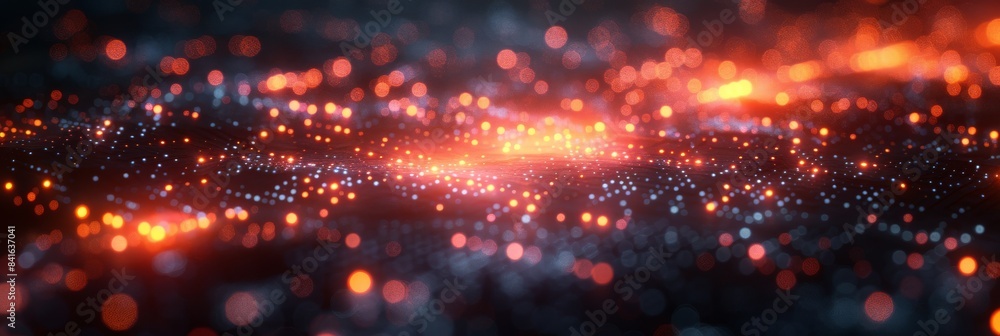 Poster abstract digital art with glowing dots, futuristic pattern on dark background