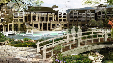 a view of the river in the morning, 3d rendering perspective view of a large resort and hotel complex located on the lakeside