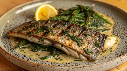 Grilled sea bass fillet with sauteed asparagus and lemon, plated on a rustic ceramic dish, showcasing the art of mediterranean cuisine