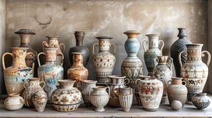 A variety of ceramic vessels and amphorae are displayed on a shelf