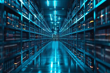 Modern data center hallway with rows of servers and futuristic blue lighting, representing advanced technology and digital infrastructure.