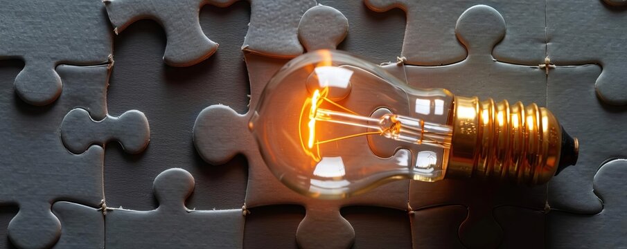 Lightbulb glowing on a jigsaw puzzle background, symbolizing innovation, solutions, and creativity.