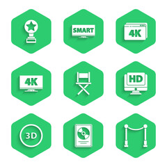 Set Director movie chair, CD disk award in frame, Carpet with barriers, Monitor HD video, 3D word, Screen tv 4k, Online play and Movie trophy icon. Vector