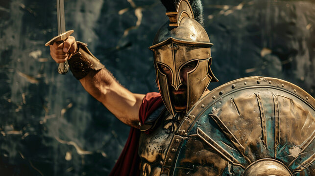 A Spartan warrior in armor with a shield and a sword, an ancient Greek warrior, a muscular ancient soldier.