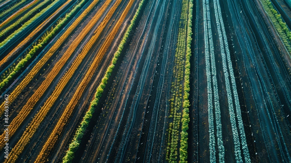 Poster an aerial view of a large field with rows of neatly planted crops all monitored by a stateoftheart r