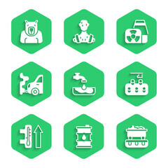 Set Water problem, Barrel oil, Coal train wagon, Deforestation, Global warming, Car exhaust, Nuclear power plant and Polar bear head icon. Vector