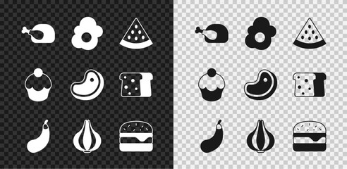 Set Roasted turkey or chicken, Scrambled egg, Watermelon, Eggplant, Garlic, Burger, Muffin and Steak meat icon. Vector
