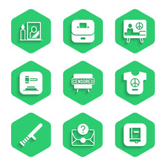 Set Censored stamp, Envelope with question mark, Law book, Peace, Police rubber baton, Judge gavel, and Mourning photo frame icon. Vector