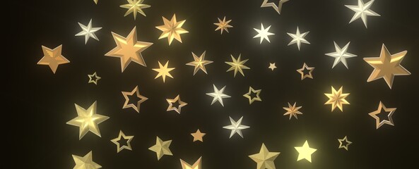 Banner with golden decoration. Festive border with falling glitter dust and stars.