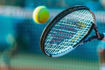 Close-Up of Tennis Racket Hitting Ball During Olympic Match with Blurred Net Background