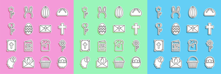 Set line Basket with easter eggs, Flower, Christian cross, Easter, tulip, and Greeting card Happy icon. Vector