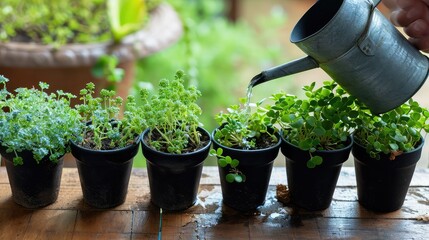 Close-up view of a human hand watering home plants. A moment frozen in time, as a hand's touch rejuvenates home plants, infusing them with vitality and beauty.