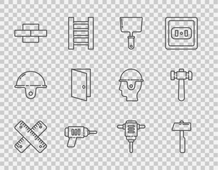 Set line Crossed ruler, Hammer, Putty knife, Electric drill machine, Bricks, Closed door, rotary hammer and icon. Vector