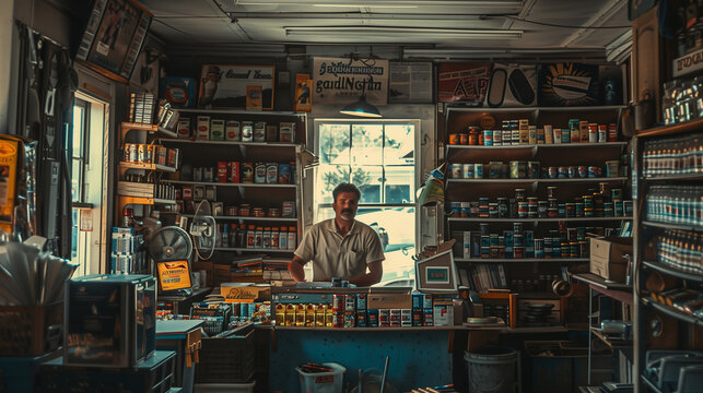 The salesman work mature caucasian man in the general shop store
