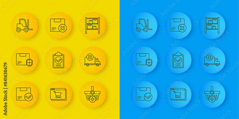 Poster set line package box with check mark, verification of delivery list clipboard, add to shopping baske