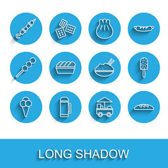 Set line Ice cream in waffle cone, Thermos container, Grilled shish kebab, Fast street food cart, Bread loaf, Chicken nuggets box, and Rice bowl with chopstick icon. Vector