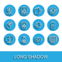 Set line Lightning bolt, Garbage bag with recycle, Location leaf, Battery, Solar energy panel, Recycle bin, and Refresh icon. Vector