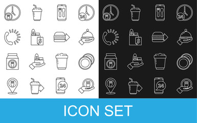 Set line Online ordering and delivery, Plate, Covered with tray of food, Food, Round the clock and burger icon. Vector