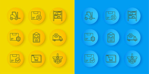 Set line Package box with check mark, Verification of delivery list clipboard, Add to Shopping basket, cargo truck vehicle, Forklift, Warehouse and Carton cardboard and delete icon. Vector