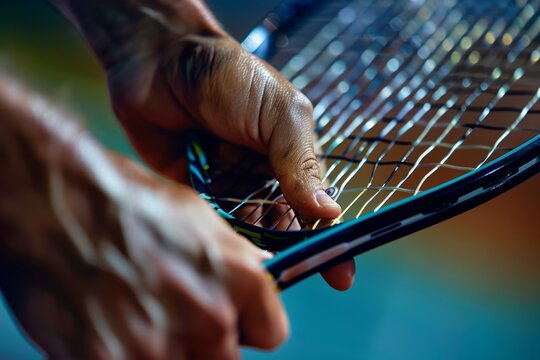 Close-Up of Tennis Player Adjusting Racket Strings Before Olympic Match - Athletic Focus and Precision