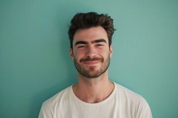 A close up portrait of a young man with a subtle smile