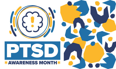 PTSD Awareness Month in June. Post Traumatic Stress Disorder. Celebrated annual in United States. Medical health care and awareness design. Poster, card, banner and background. Vector illustration