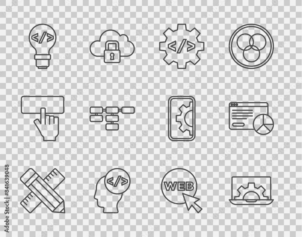 Poster set line crossed ruler and pencil, web development, front end, site map, graphic design and website 