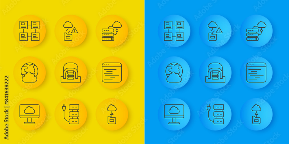 Poster set line cloud technology data transfer, social network, hangar with servers, software, hierarchy or