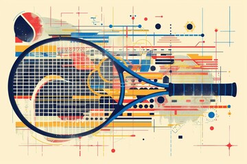 Creative Olympic Tennis Racket and Ball Graphic with National Flags and Rings Concept