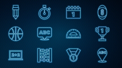 Set line Alphabet, Award cup, Calendar first september date, Basketball ball, Pencil with eraser, Protractor and Stopwatch icon. Vector