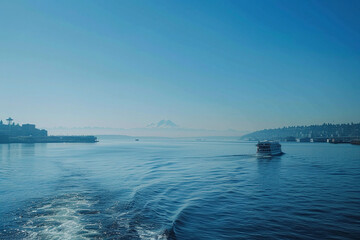 Serene View of Seattle Waterfront with Ferry and Distant Mountains on a Clear Day