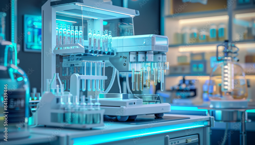 Poster a lab bench with many bottles and vials on it