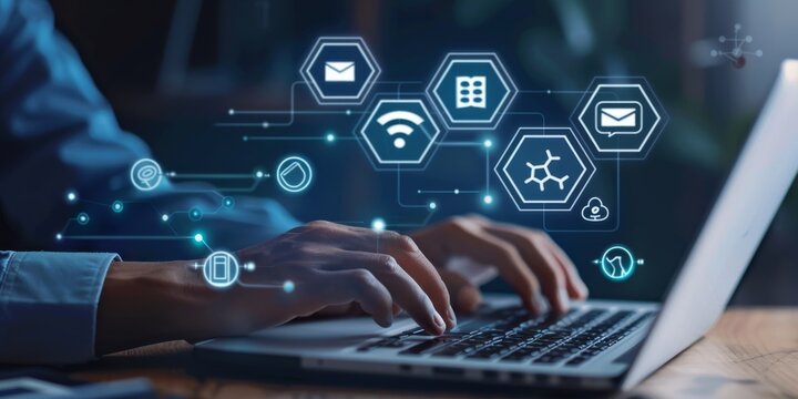 A person is using a laptop with futuristic interface icons, showcasing technology, digital communication, cybersecurity, data management, innovation, and modern IT business advancements