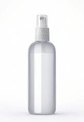 A bottle of sunscreen spray for summer skin care on a white background with a place for text.