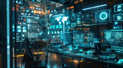 Futuristic High-Tech Workspace with Holographic Screens in Advanced Internet Environment for Tech Innovations