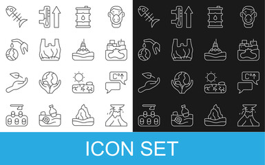 Set line Volcano eruption with lava, Global warming, Wrecked oil tanker ship, Barrel, Say to plastic bags poster, Gas pump nozzle and globe, Dead fish and Floating buoy the sea icon. Vector