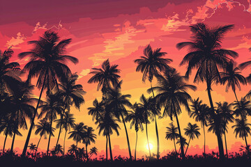 Silhouetted Palm Trees Against a Vibrant Sunset Sky, Creating a Tropical Paradise Scene