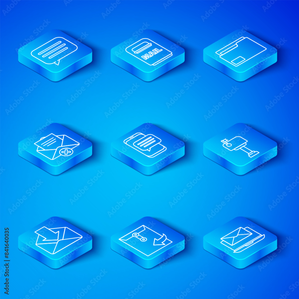 Poster set line envelope, chat messages notification on phone, mail box, document folder, delete envelope, 
