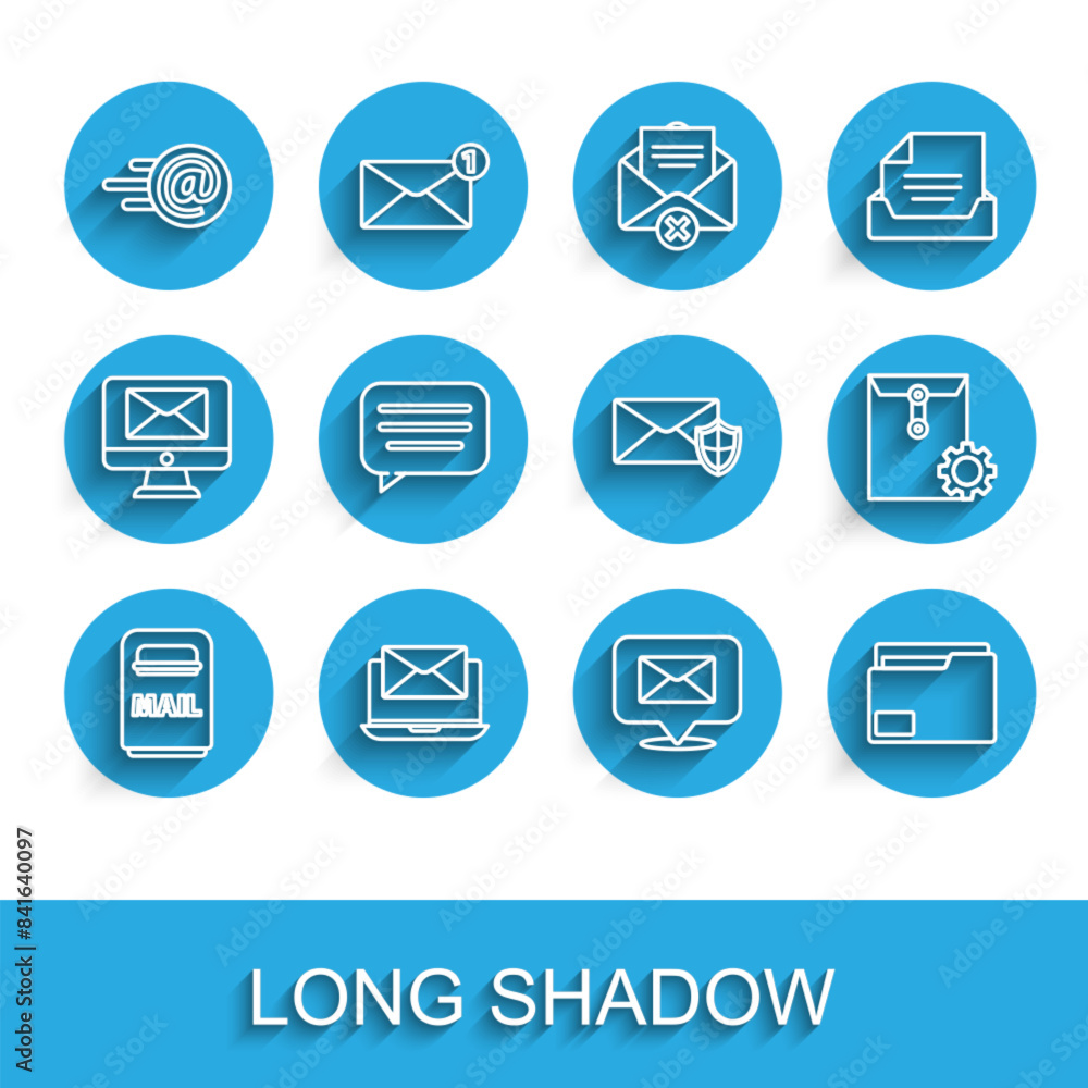 Poster set line mail box, laptop with envelope, and e-mail, speech bubble, document folder, chat, envelope 