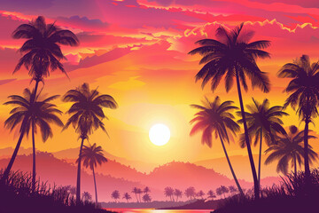 Vibrant Tropical Sunset with Silhouetted Palm Trees and Colorful Sky